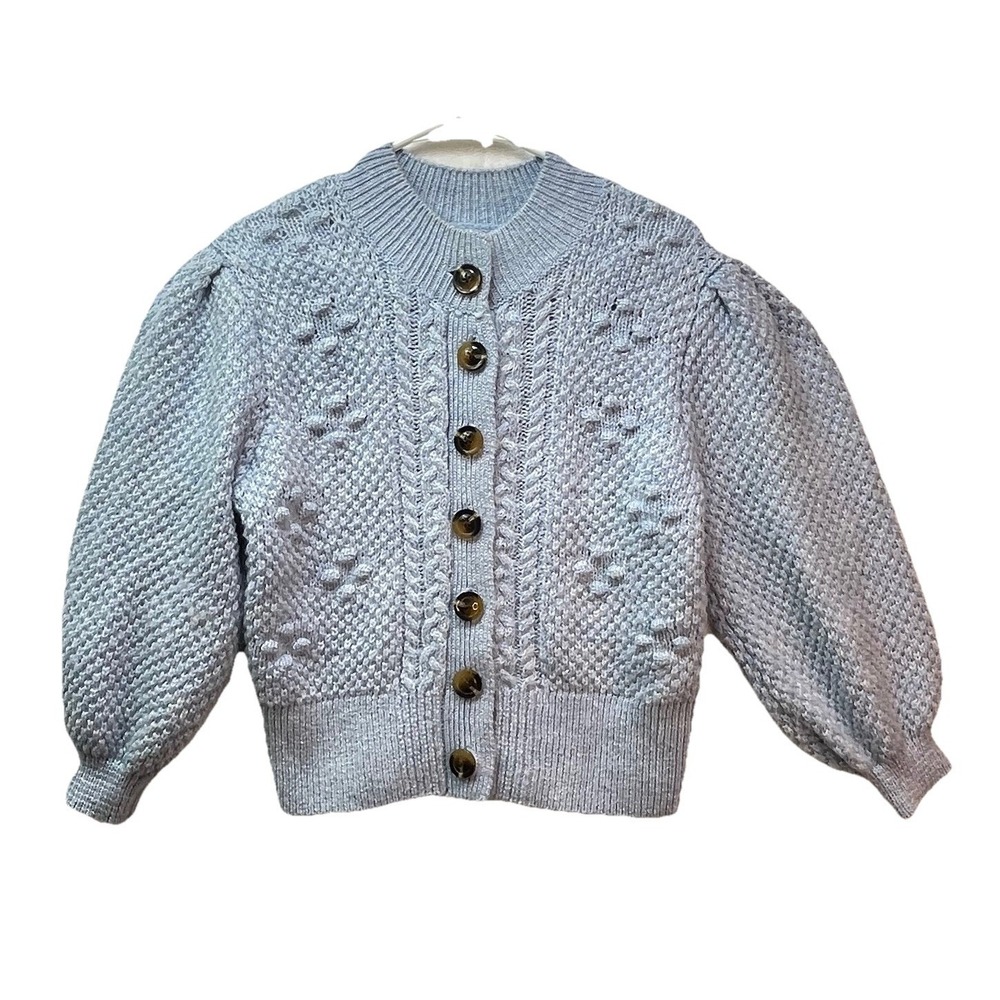 Who What Wear Womens Med Wool Blend Sweater Blue Chunky Balloon Sleeve Cardigan